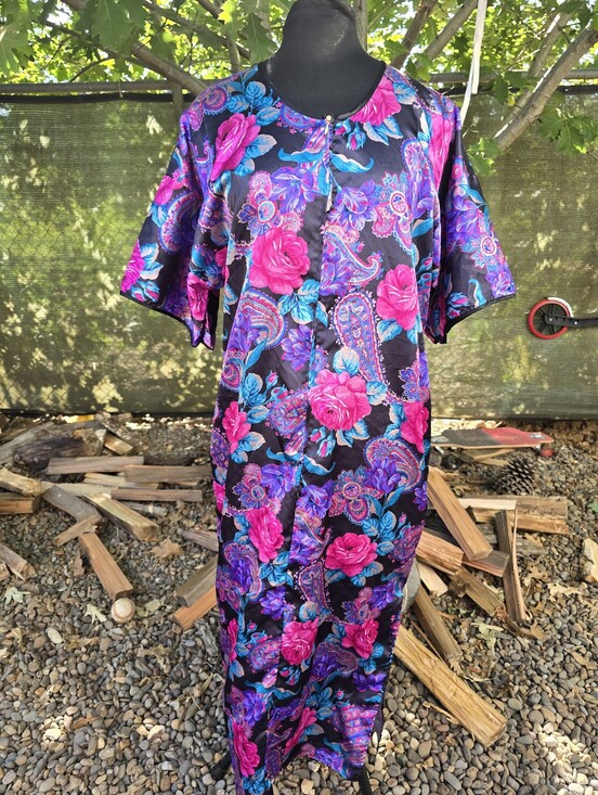 Vintage Dresses & Skirts - Vtg 80's Floral Paisley Satin Housecoat Muumuu Dress Maximalist Whimsigoth Glam